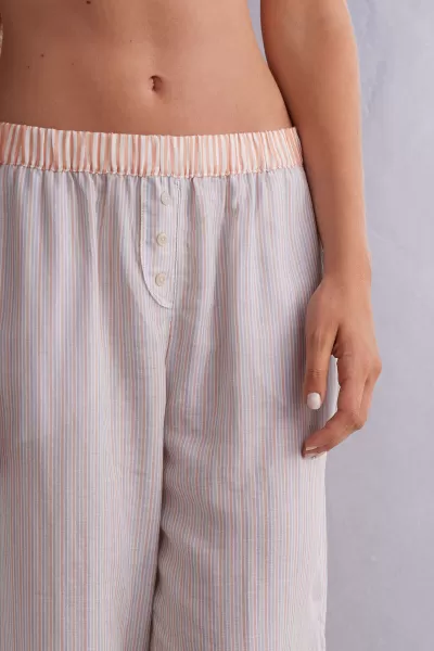 Pantalone Lungo In Tela Di Cotone Neverending Summer Intimissimi Vintage Pigiami Lunghi Donna 349J - Righe Multicolore
